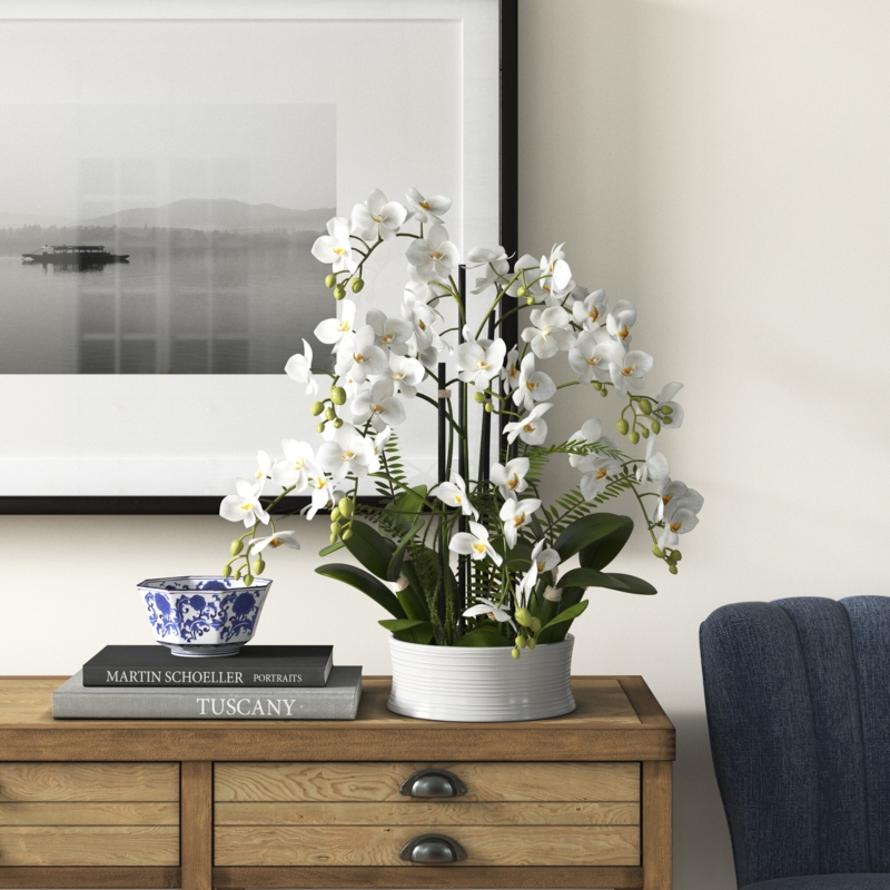 Faux Orchid Plant in Ceramic Dish