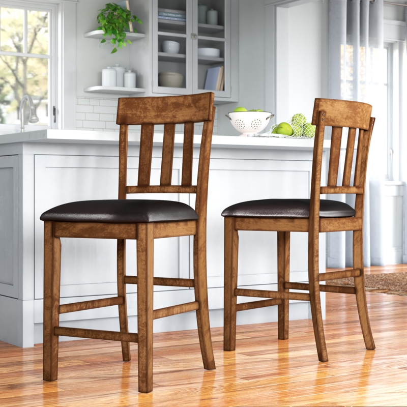 Distressed Wooden Bar Stool with Faux Leather Seat