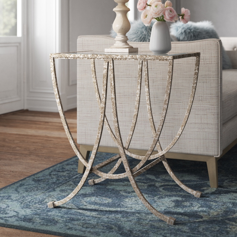 Antique Silver Wrought Iron End Table with Beveled Glass Top