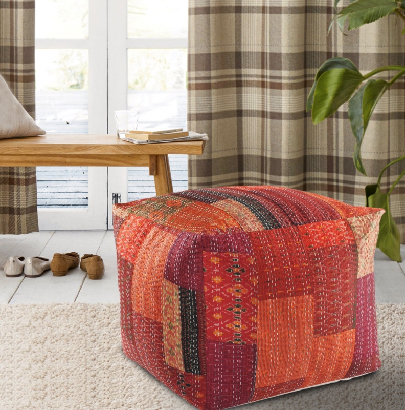 Crimson Kantha Pouf