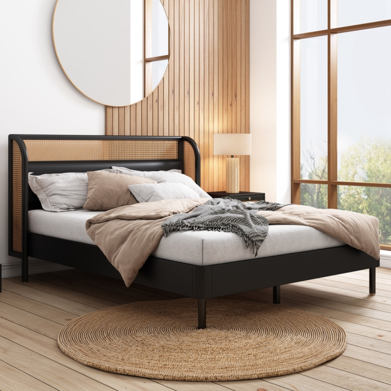 Rattan Wingback Headboard & Platform Bed Set