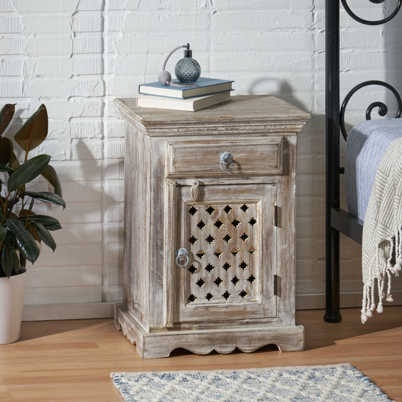 Distressed Mango Wood Nightstand with Storage