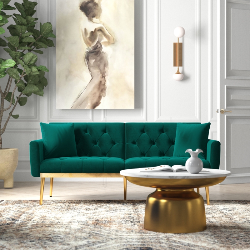 Convertible Velvet Sofa Bed with Gold Legs