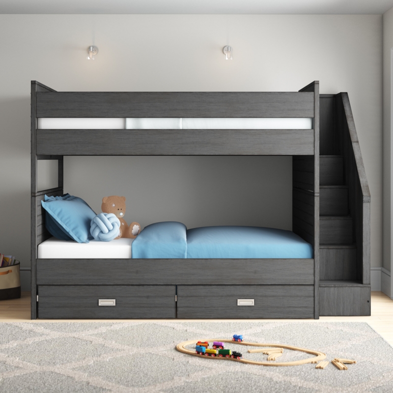 Full Over Full Bunk Bed with Stairs and Bookshelves