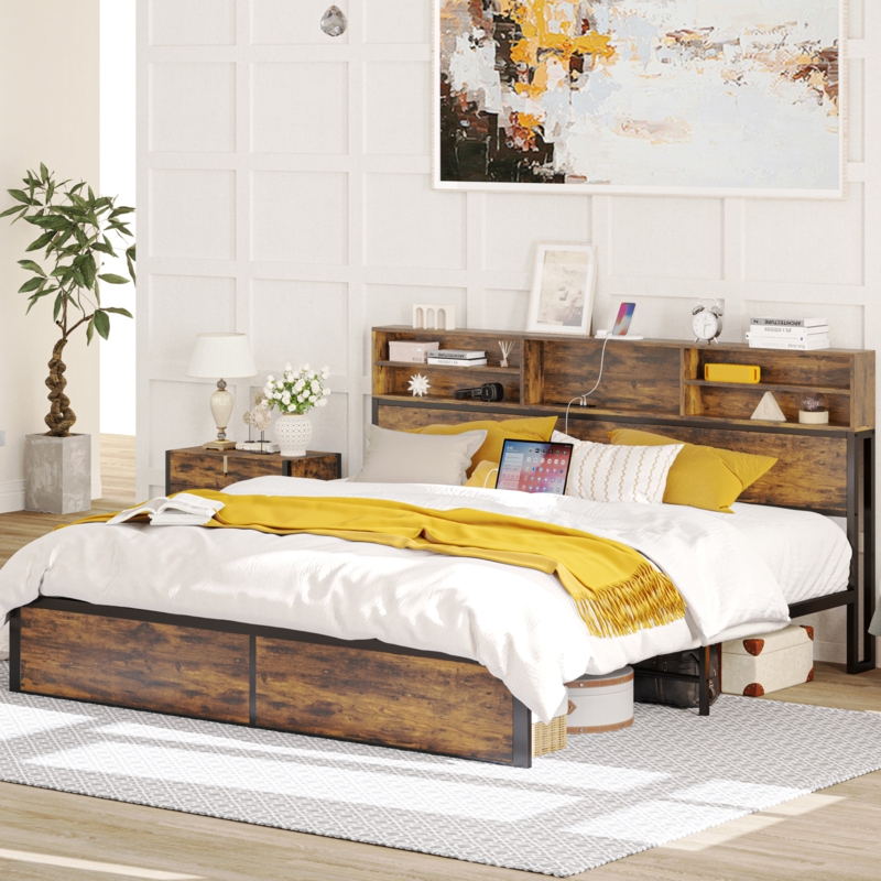 Storage Platform Bed Frame with Bookcase Headboard