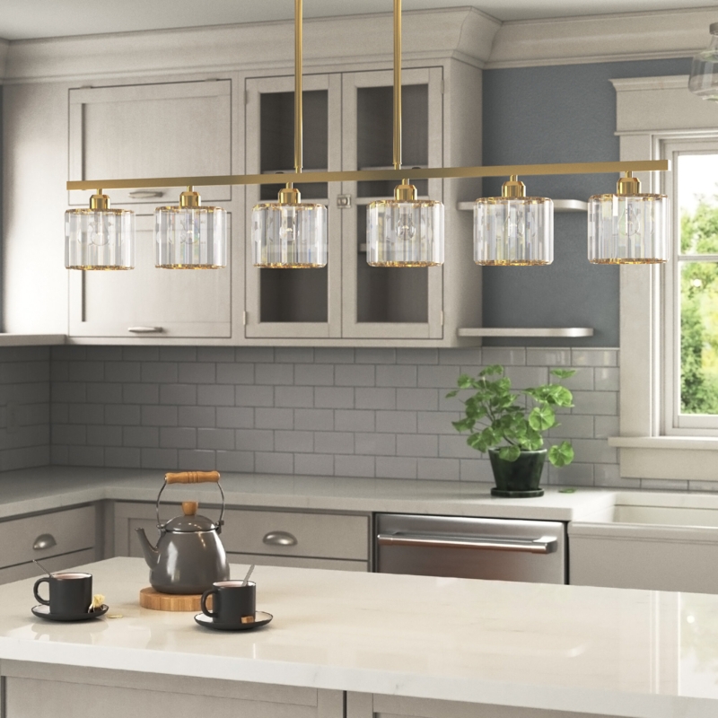 6-Light Gold Pendant with Ribbed Glass Shades