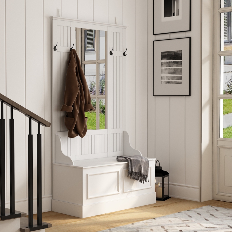 Minimalist White Hall Tree with Mirror and Storage