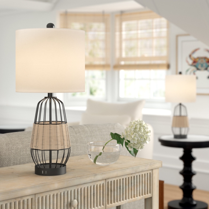Rattan and Iron Table Lamp with USB and Type-C Charging