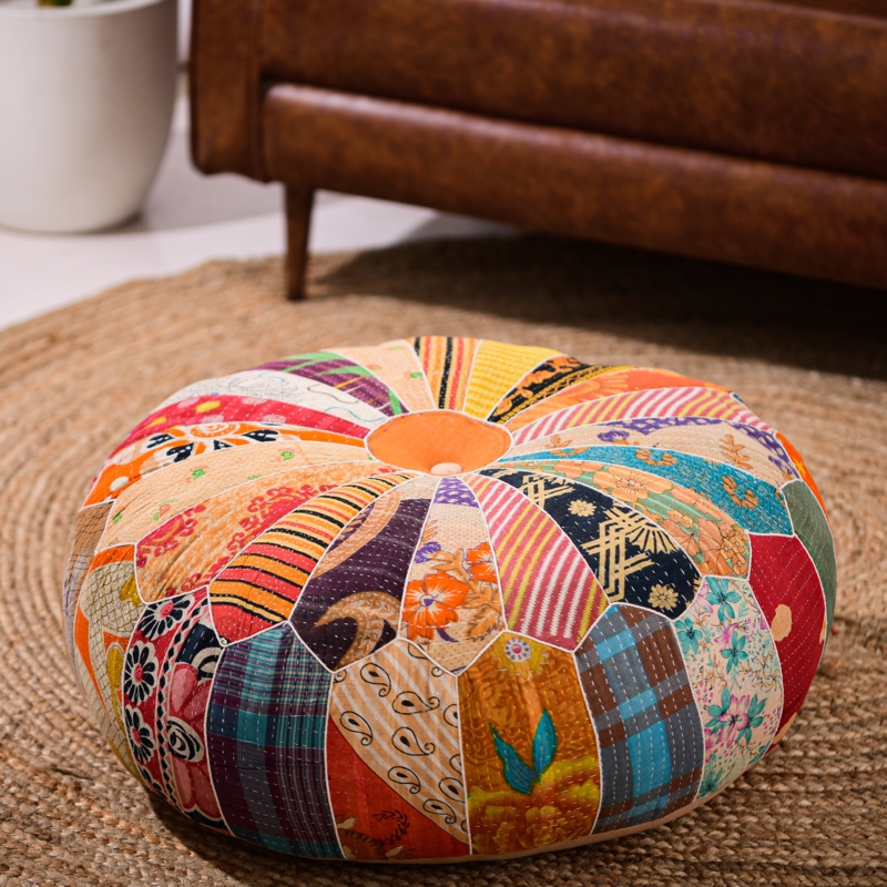 Pumpkin-Inspired Upholstered Pouf