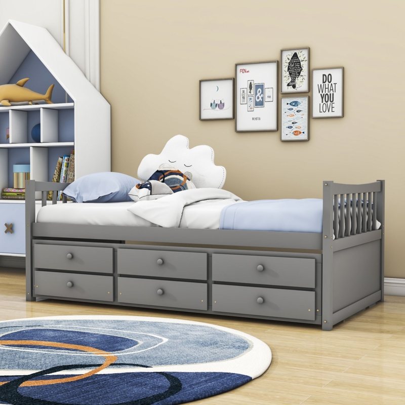 Wooden Bed with Trundle and Storage Drawers