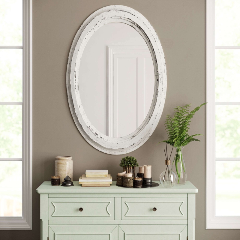 Round Metal Wall Mirror with Rustic White Frame
