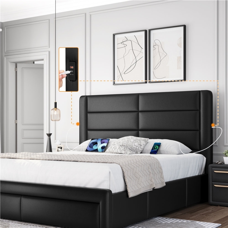 Upholstered Platform Bed with Drawers and USB Ports