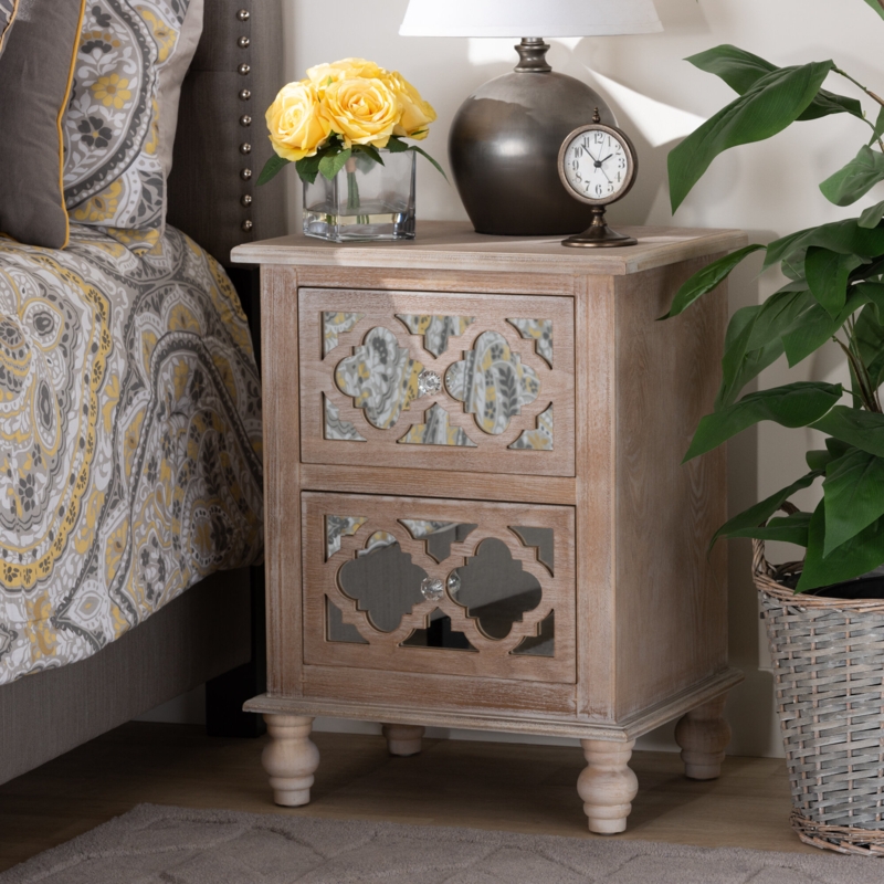 Rustic Glam White-Washed Nightstand with Mirrored Accents