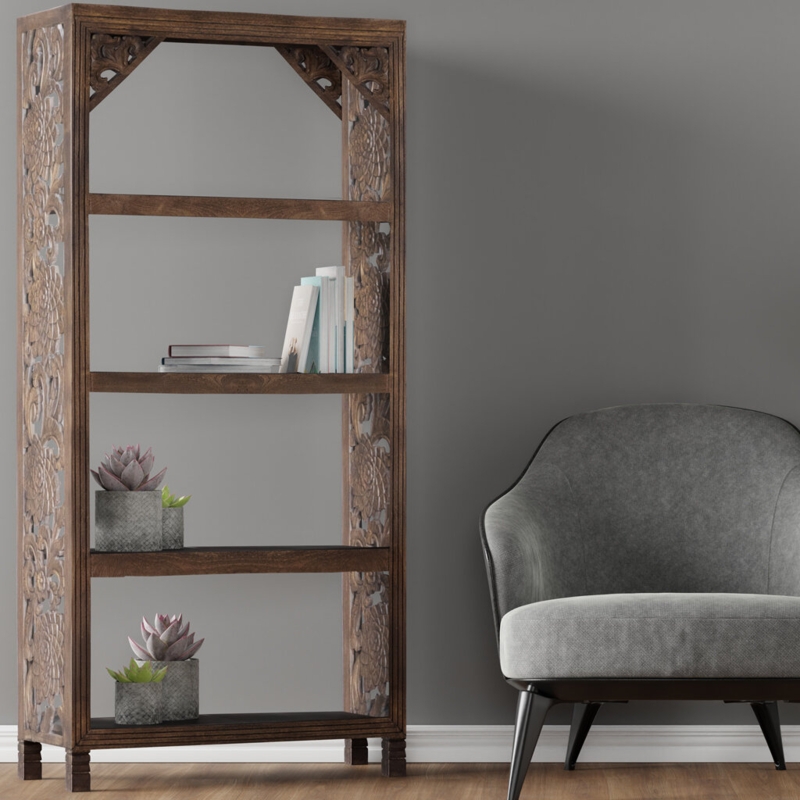 Hand-Carved Distressed Black Bookcase