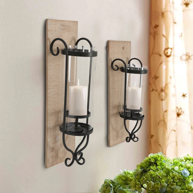 2-Piece Candle Holder Set with Woodlike Backplate