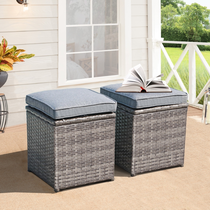 All-Weather Wicker Outdoor Ottomans with Steel Frame