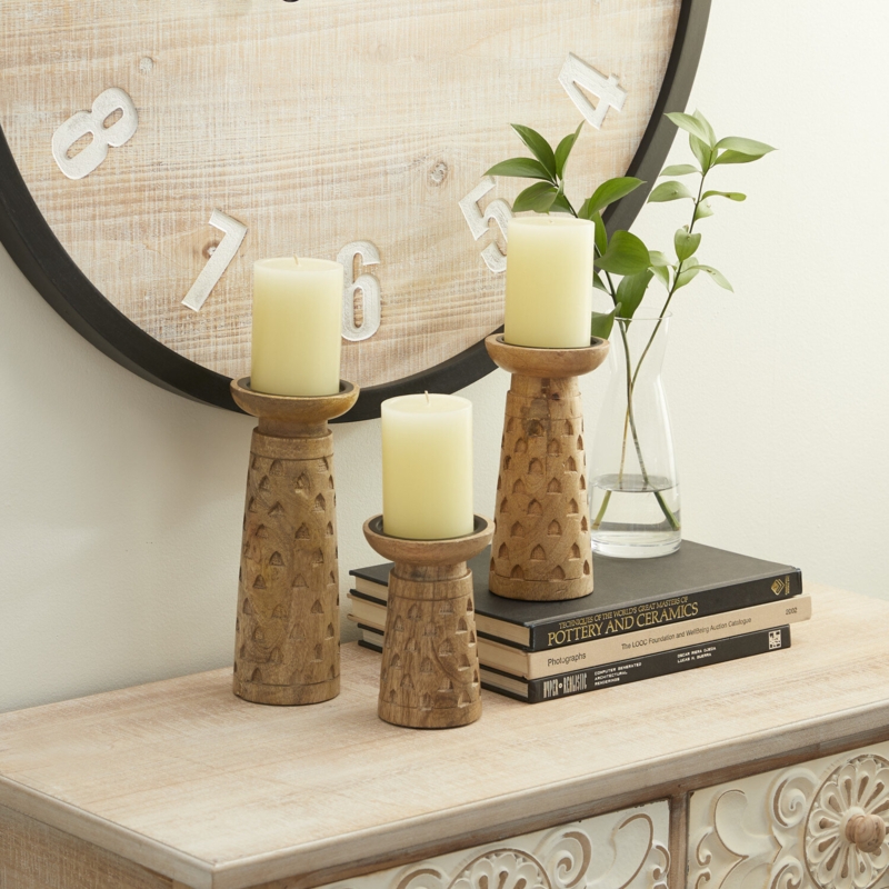 3-Piece Rustic Wooden Candlestick Set
