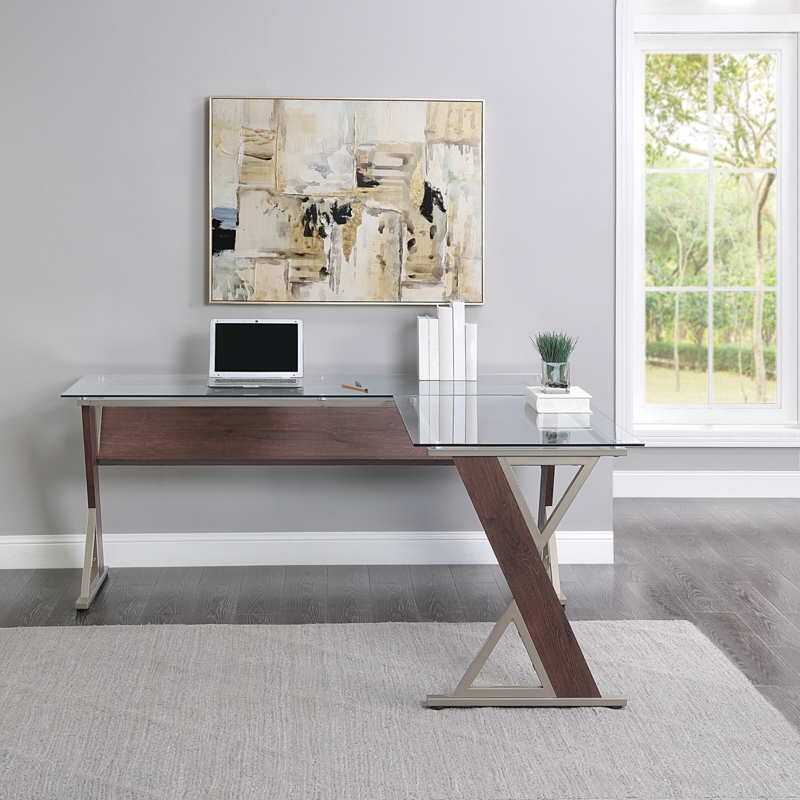 'L' Shaped Glass Top Desk with Wood and Metal Accents