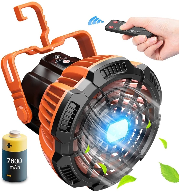 7800mah Camping Fan with Led Lantern, Ceiling Tent Fan with Remote Control, Power Bank, Battery Operated USB Rechargeable Fan , 180°head Rotation Outdoor Portable Fan for Fishing, Outdoor, Office