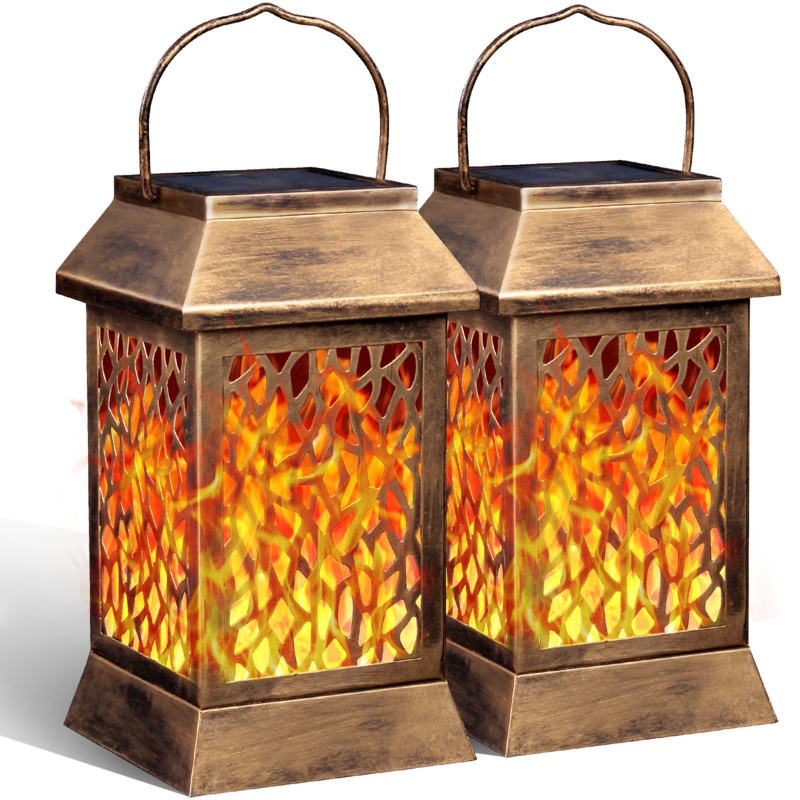 8.7" Solar Powered Integrated LED Outdoor Lantern, Flickering Flame (2 Pack Bronze) Upgraded Metal
