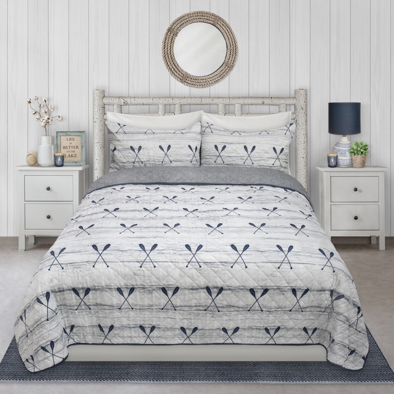 Bournemouth White/Blue Microfiber Reversible 3 Piece Quilt Set