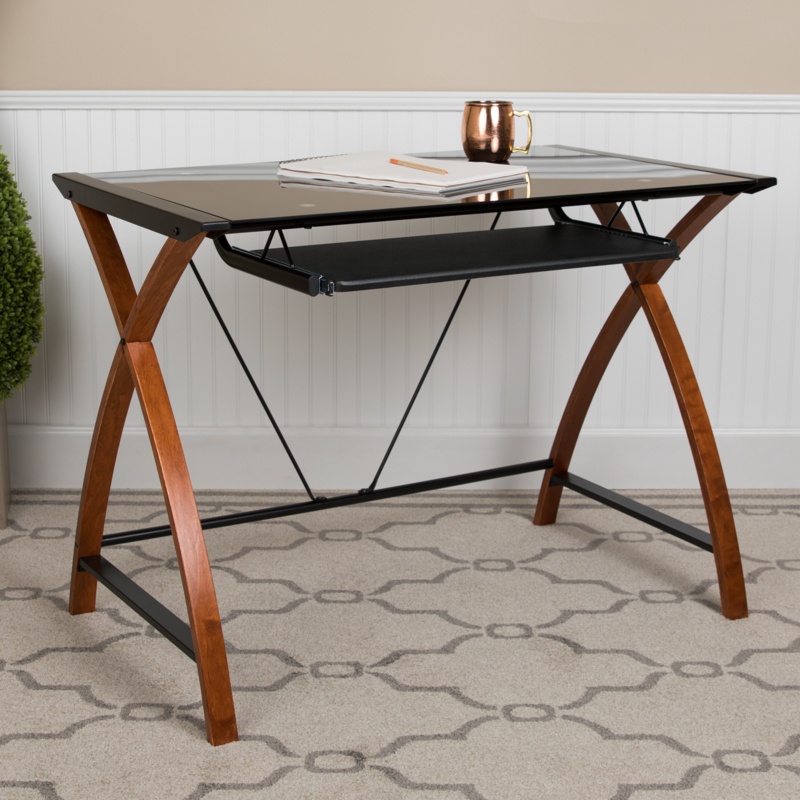 Robertson Black Glass Computer Desk With Pull-Out Keyboard Tray And Crisscross Frame