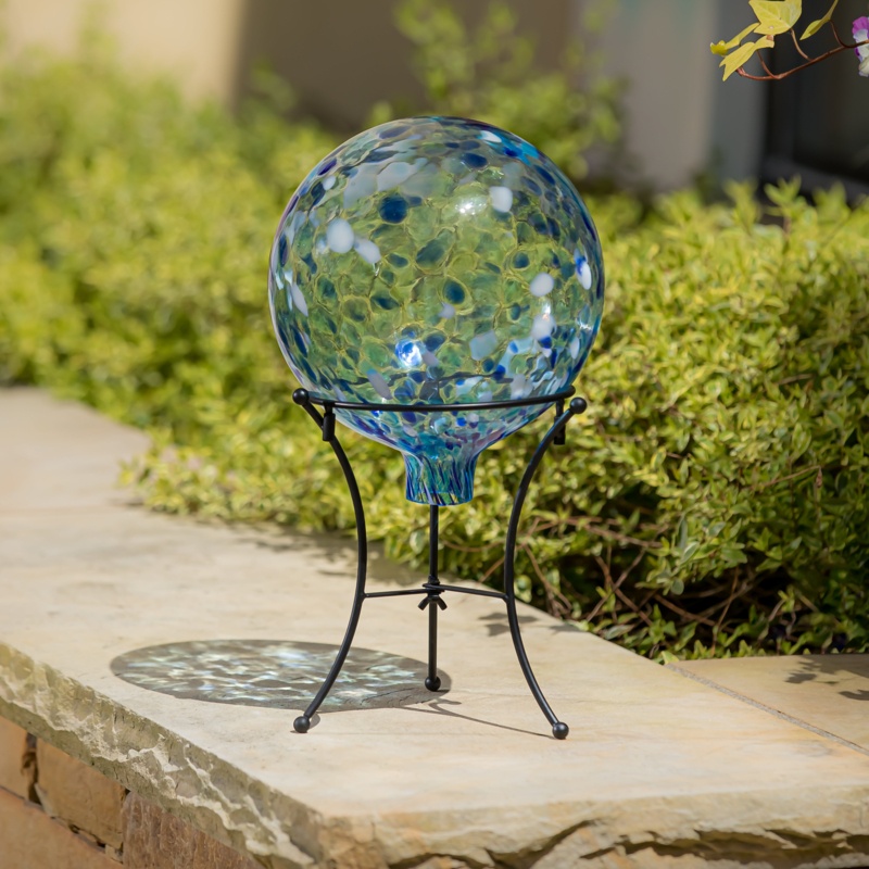 10" Art Glass Aqua Confetti Gazing Ball with Stand