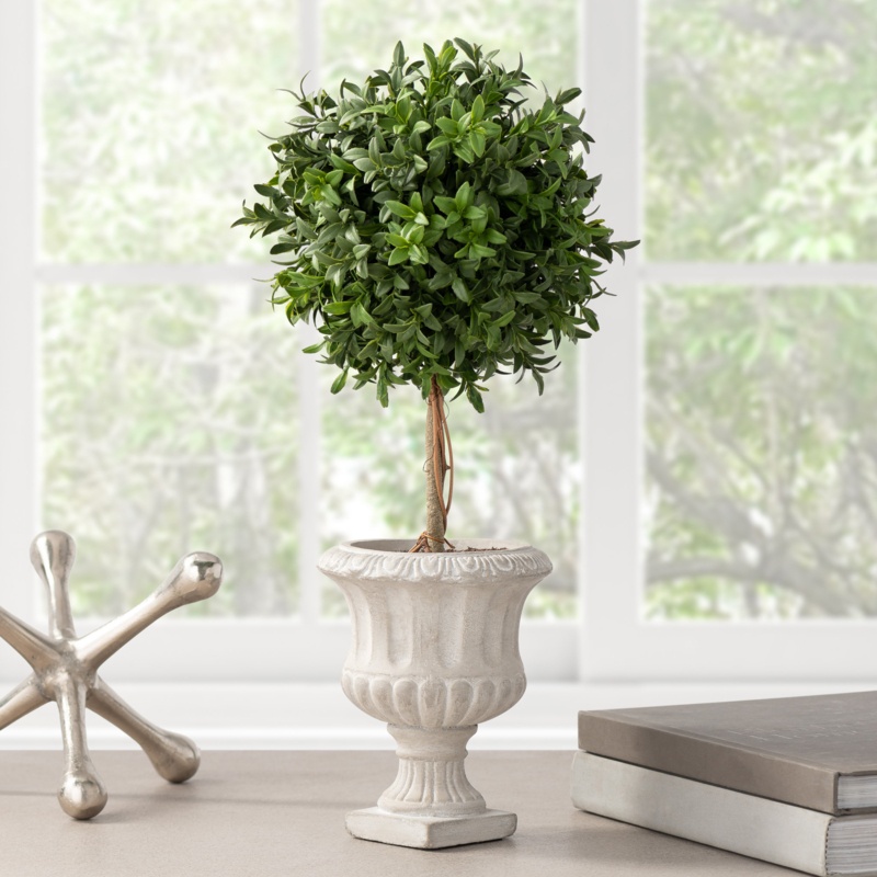 18'' Faux Boxwood Topiary in Cement Urn