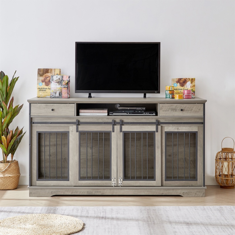 2 Drawers 65'' Super Big Furniture Style Dog Crate Dog Kennel Cage Barn Door W/ Detachable Layer Rustic Gray