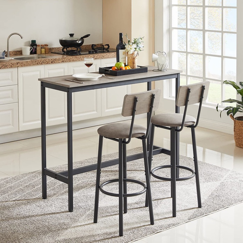 3-Piece Dining Table Set, Bar Table Chairs Set, PU Leather Stools Cushion, Gray