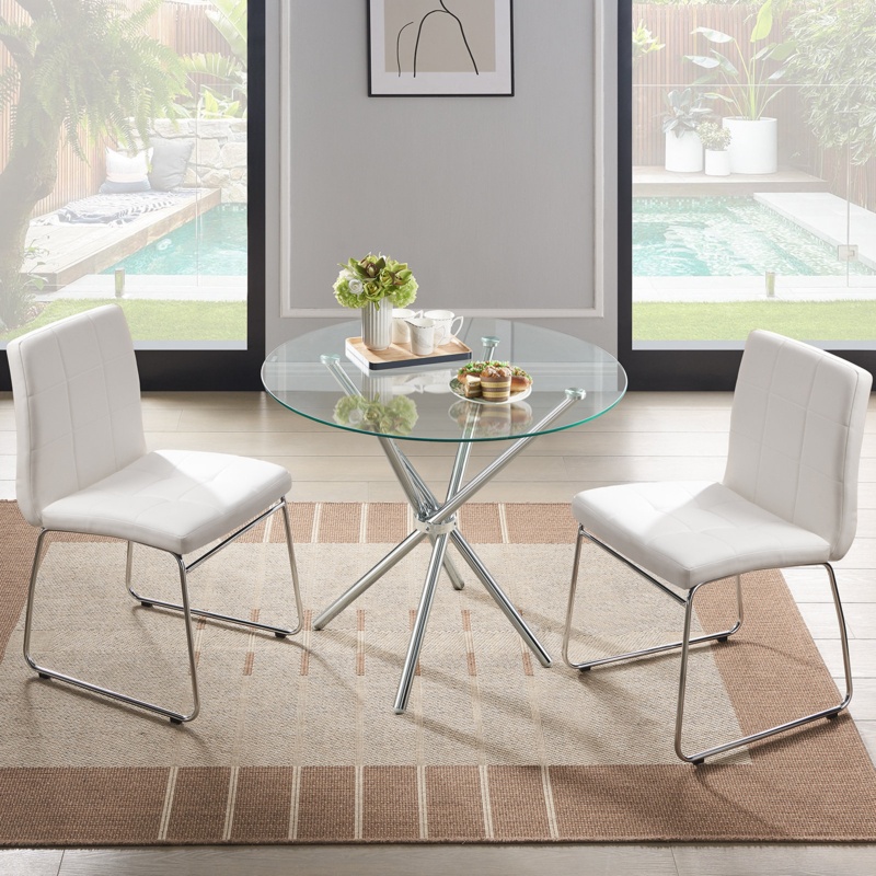 3 Pieces Modern Glass Dining Table Set ( Round Table + 2 Chairs )