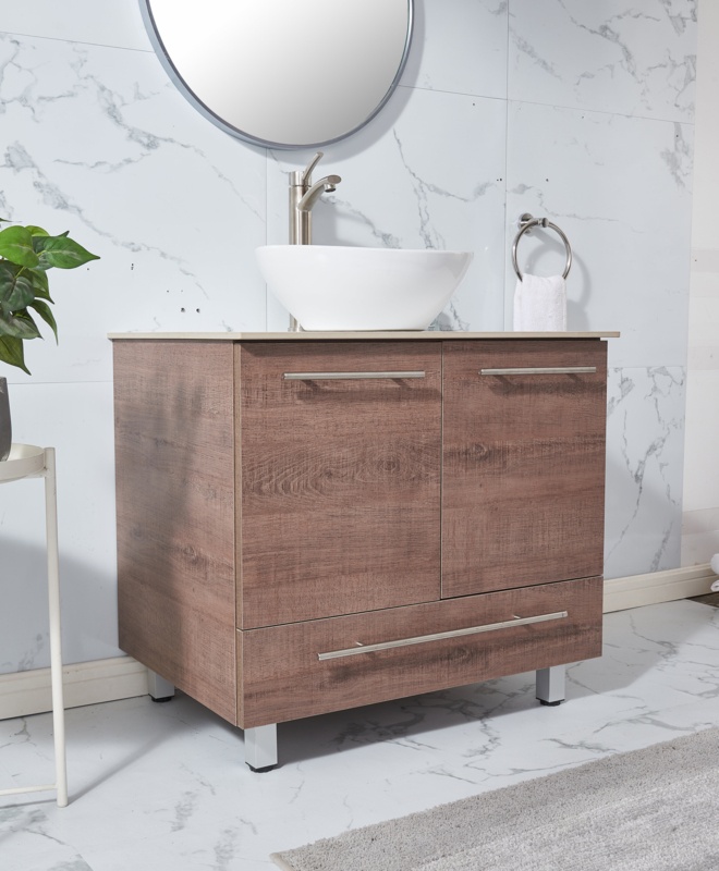 30'' Brown Wood Grain Free-standing Vessel Sink Single Bathroom Vanity Set with Engineered Stone Top