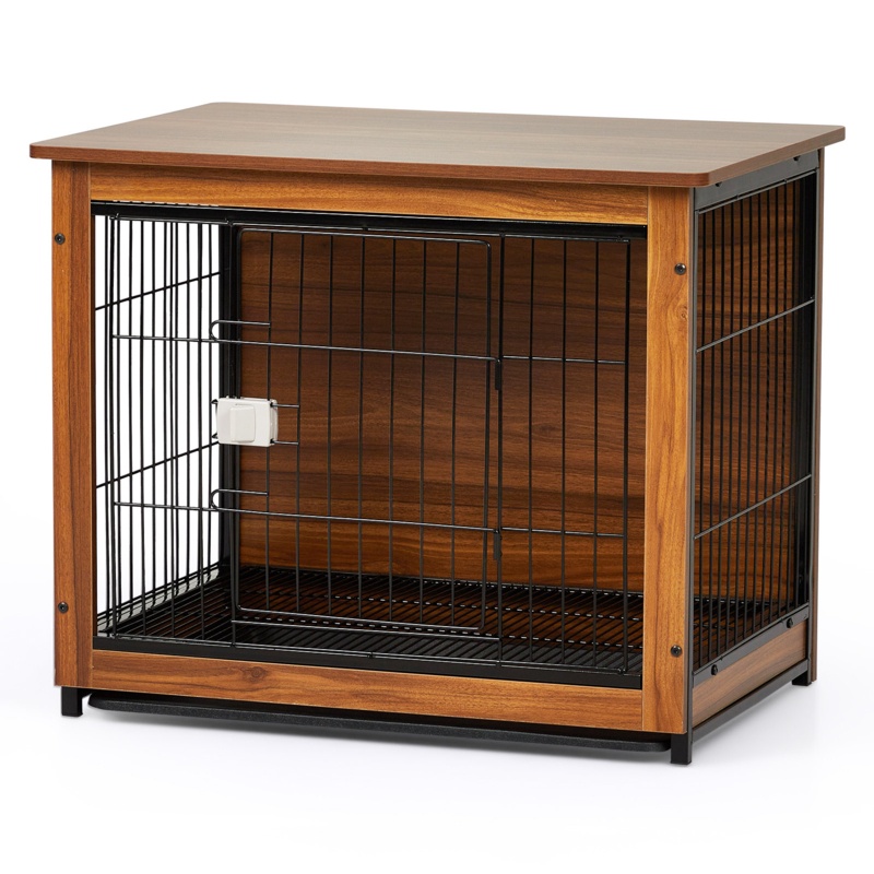 31 Inch Wooden Dog Crate Furniture Large, Dog Cage End Table, Dog Kennel Furniture With Removable Tray & Spring Door Lock, Furniture Style Dog Crate Side Table