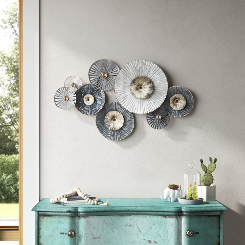 35" Metal Wall Decor - Shades of Gray 2-D Lily Pads - Contemporary Rustic Decorative Hanging Wall Art For Home, Office, Bedroom, Bathroom Decor