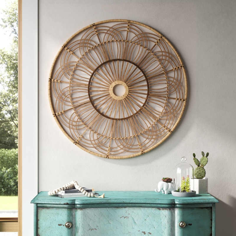 36" Round Wicker Wall Decor - Brown Hanging Decorative Circle - Contemporary Rustic Decor For Home or Office - Creative Bedroom Decoration