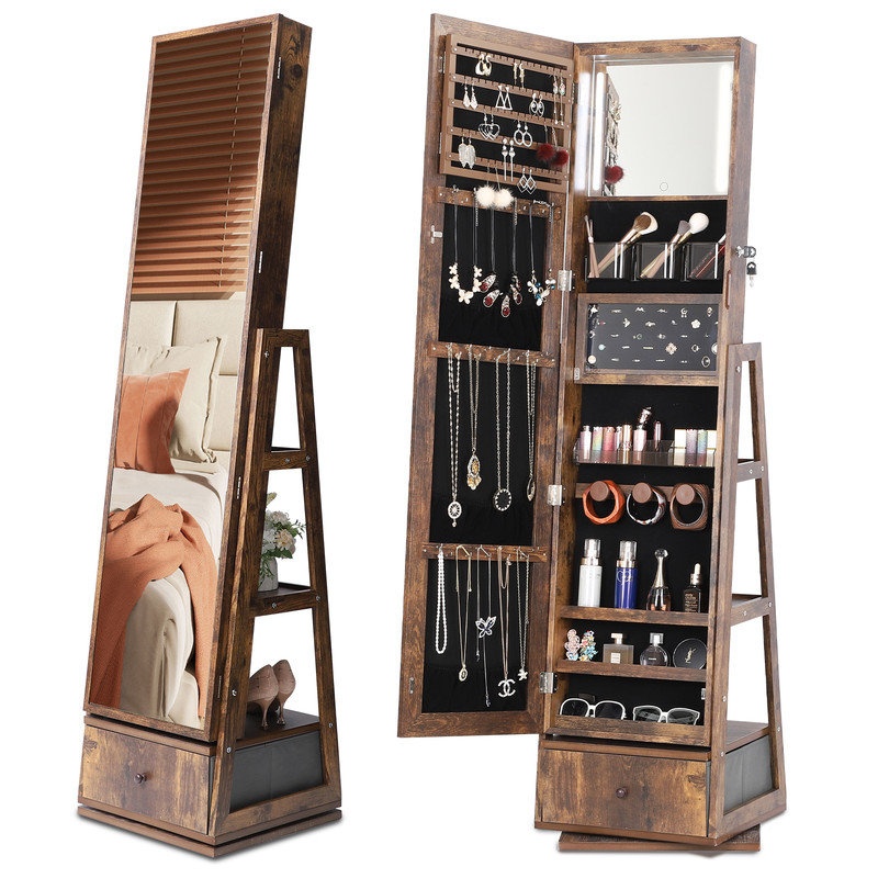 360 Swivel Jewelry Cabinet with Full-length Mirror and Storage Drawers