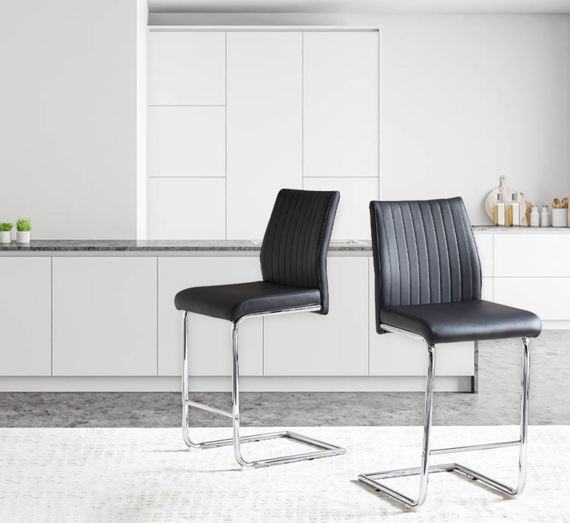 39"H PU Leather Bar Stool Set - Minimalist Design Bar Chair, Chrome-Plated Metal Frame