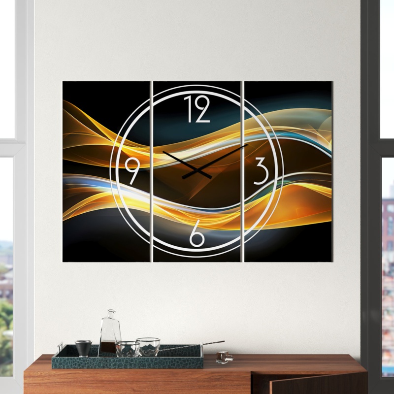 3D Gold Waves in Black - Modern wall clock