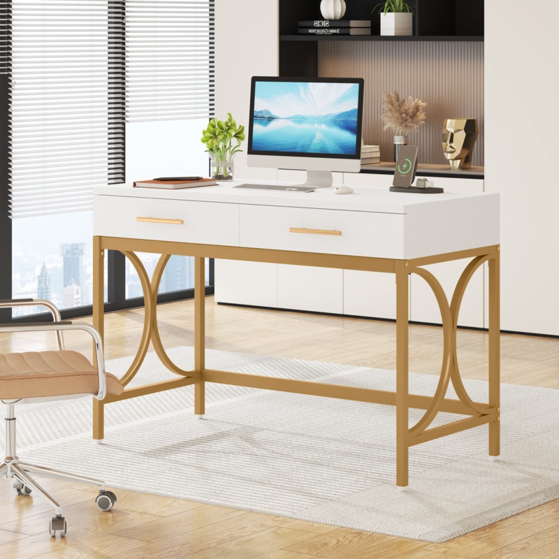 41 in Computer Desk With Two Drawers, White and Gold Modern Study Writing Desk