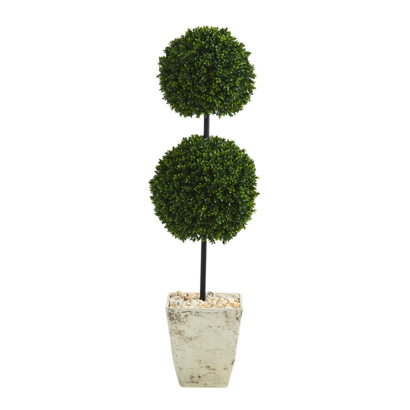 4ft. Boxwood Double Ball Artificial Topiary Tree in Country White Planter UV Resistant (Indoor/Outdoor)