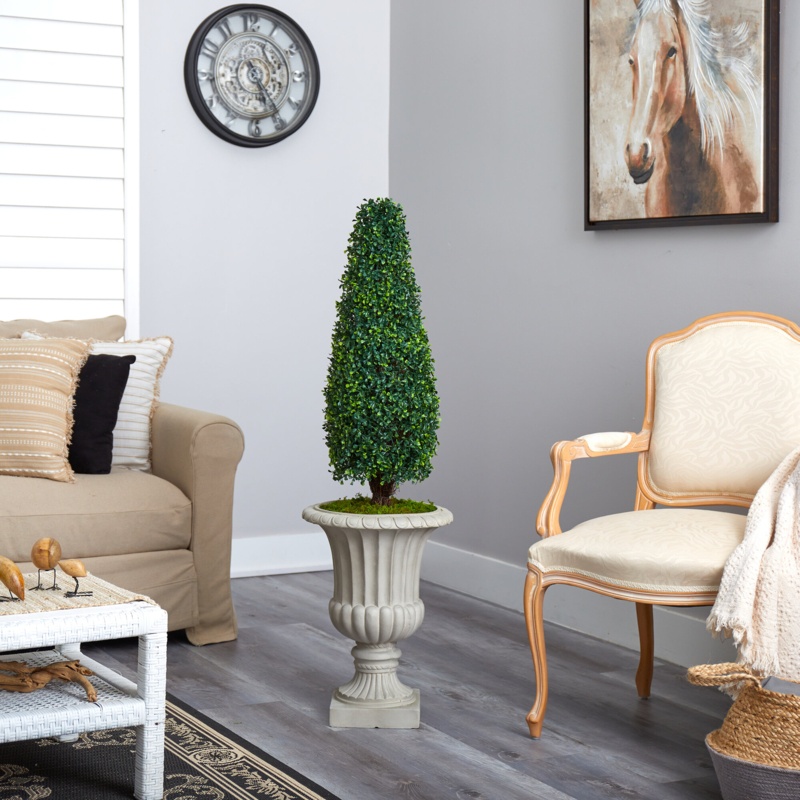 4ft. Boxwood Tower Artificial Topiary Tree in Sand Finished Urn UV Resistant (Indoor/Outdoor)