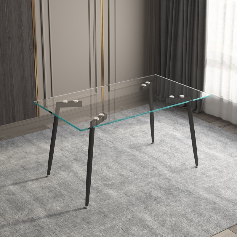 51" Modern Glass Dining Kitchen Table With Wooden Metal Frame Legs