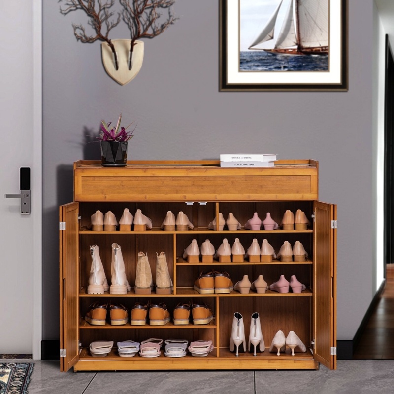 6 Tier 30 Pair Bamboo Shoe Rack Cabinet with Folding Door, Compartment Space for Boots, for Home
