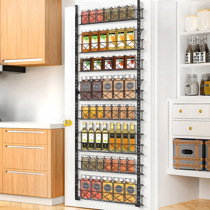 8 Tier Metal Cabinet Door Organizer, Closet Seasoning Jars Storage Rack Adjustable Shelf Height, Black