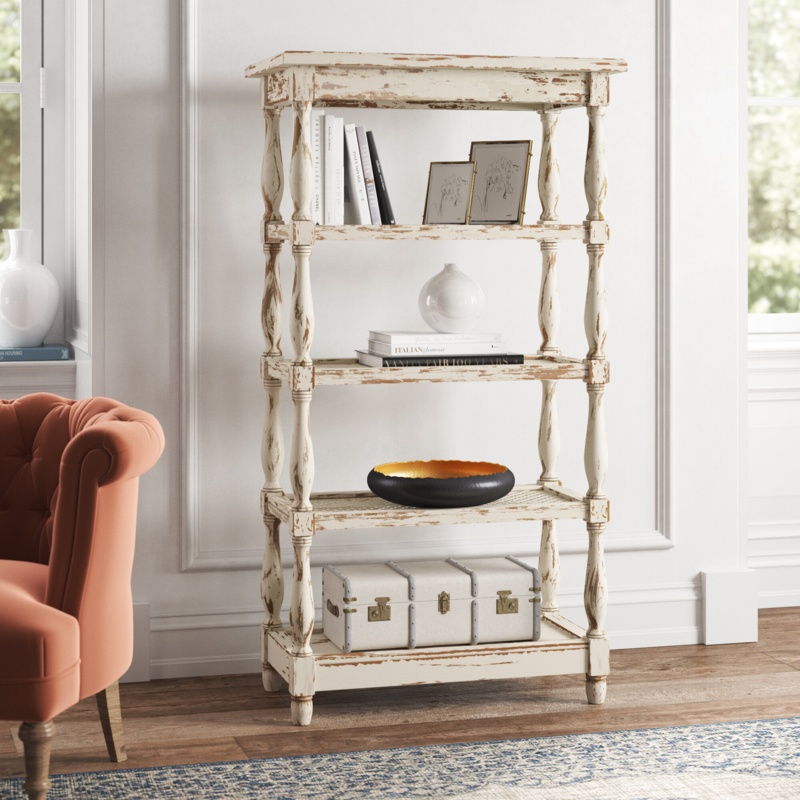Adella White Wood Distressed Open 5 Shelf Shelving Unit with Spindle Sides and Mesh