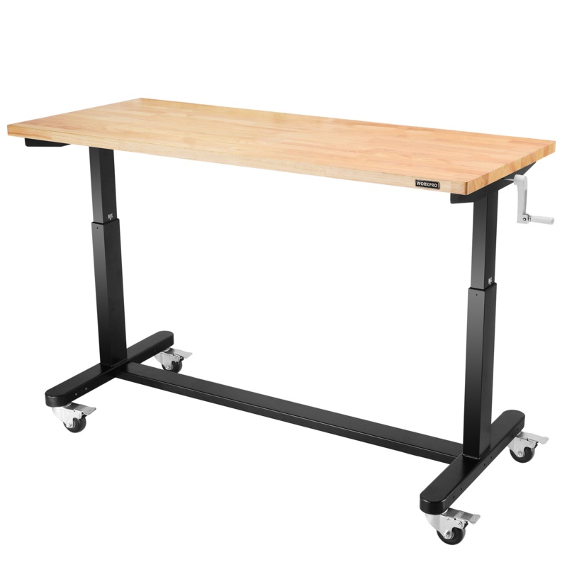Adjustable Work Table, Wooden Top Workbench with Casters and Leveling Feet