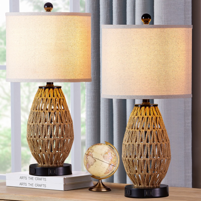 Adone 22.5 in. Rattan Table Lamp Set with Dual USB Ports and Built-In Outlets