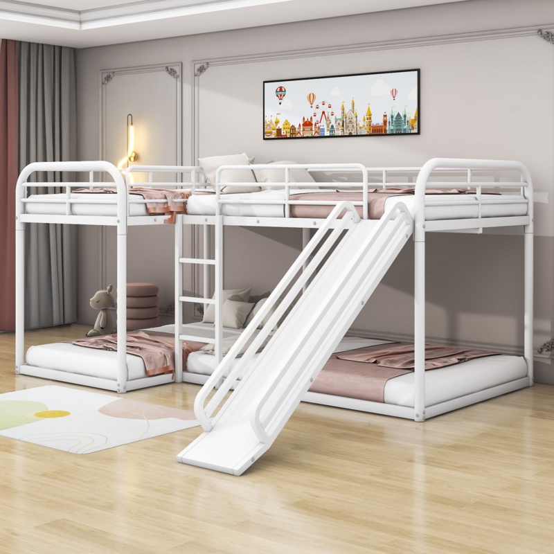 Aeisha Kids Twin over Twin and Full over Full L-Shaped Metal Bunk Bed with Slide and Ladder