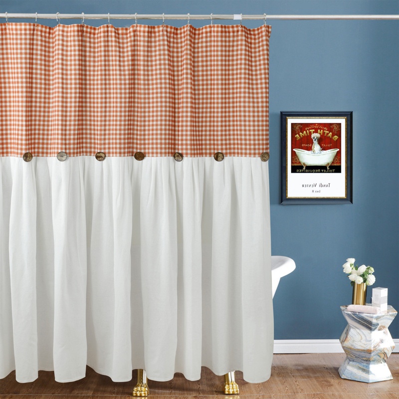 Afet Farmhouse Buffalo Plaid Textured Cotton Linen Fabric Shower Curtain with Buttons