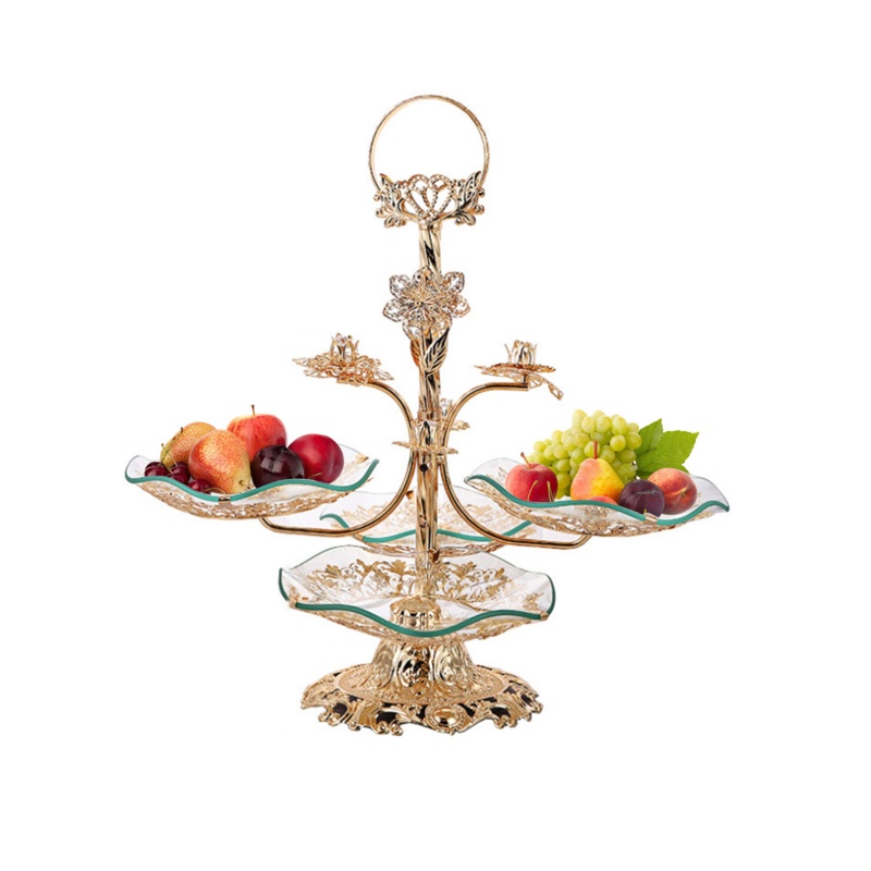 Alanee 2-Layers Gold Iron Art Transparent Glass Cake Stand Pattern Decoration (4 Trays)
